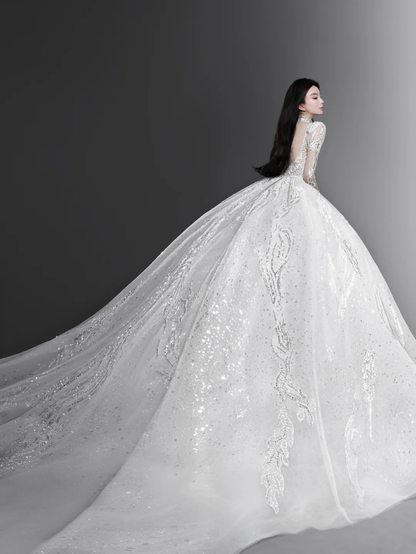 Gorgeous Ball Gown Tulle Lace Long Sleeves Long Wedding Dresses C4136