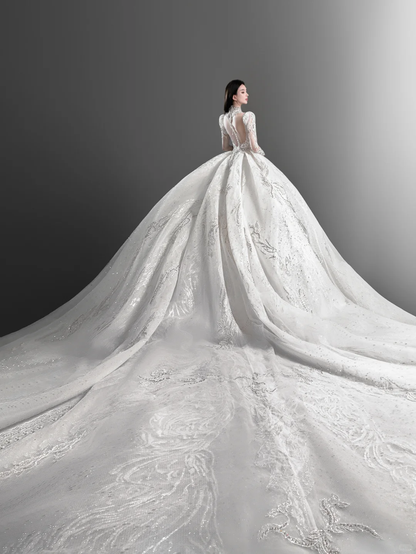 Gorgeous Ball Gown Tulle Lace Long Sleeves Long Wedding Dresses C4136