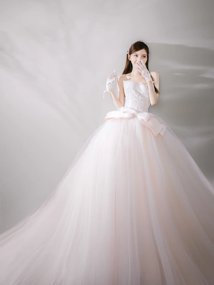 Elegant Ball Gown Strapless Tulle Lace Bow With Gloves Long Wedding Dresses C4143