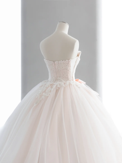 Elegant Ball Gown Strapless Tulle Lace Bow With Gloves Long Wedding Dresses C4143