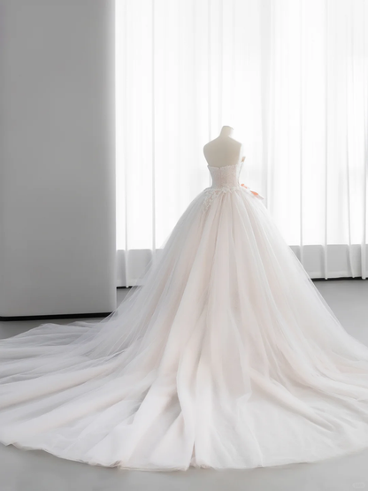 Elegant Ball Gown Strapless Tulle Lace Bow With Gloves Long Wedding Dresses C4143
