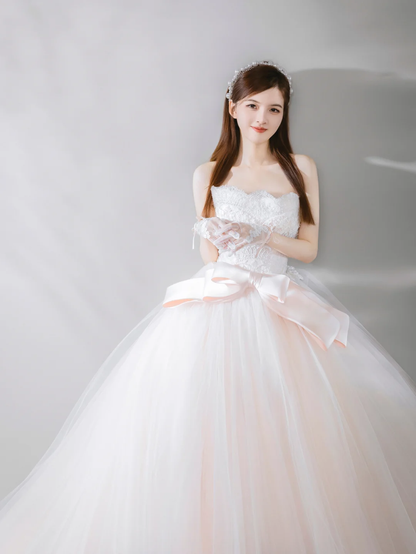 Elegant Ball Gown Strapless Tulle Lace Bow With Gloves Long Wedding Dresses C4143