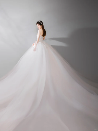 Elegant Ball Gown Strapless Tulle Lace Bow With Gloves Long Wedding Dresses C4143