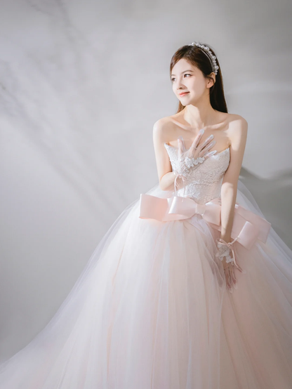 Elegant Ball Gown Strapless Tulle Lace Bow With Gloves Long Wedding Dresses C4143