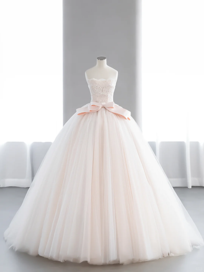 Elegant Ball Gown Strapless Tulle Lace Bow With Gloves Long Wedding Dresses C4143