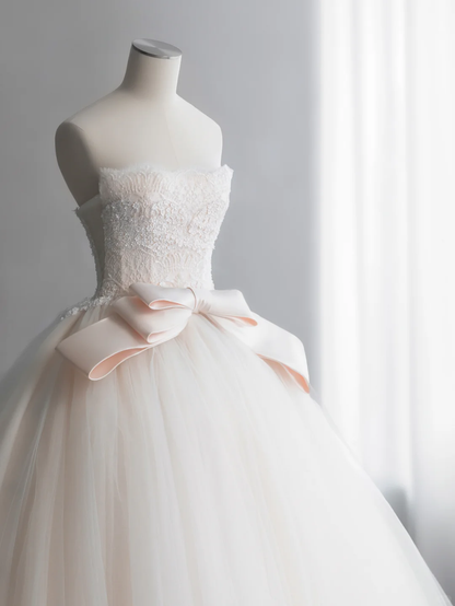 Elegant Ball Gown Strapless Tulle Lace Bow With Gloves Long Wedding Dresses C4143