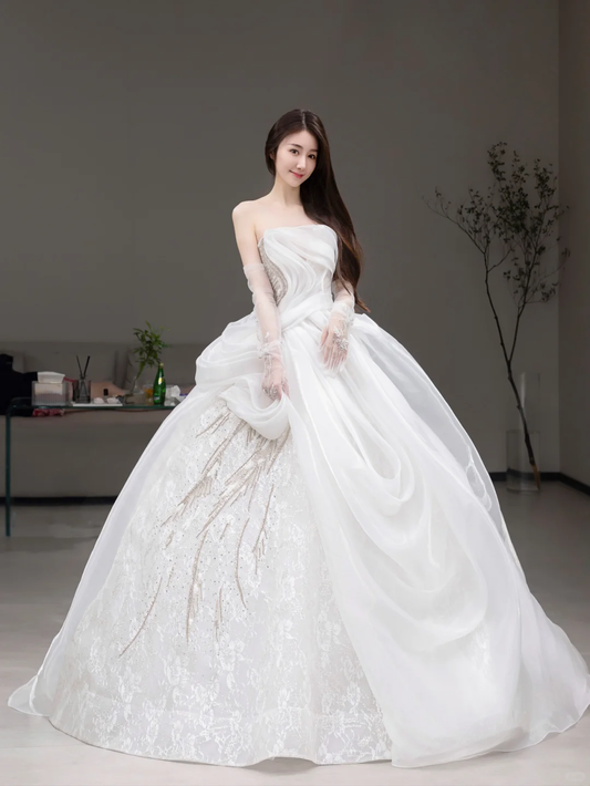 Elegant White Ball Gown Strapless Satin Chiffon Sequin Beaded With Gloves Long Wedding Dresses C4147