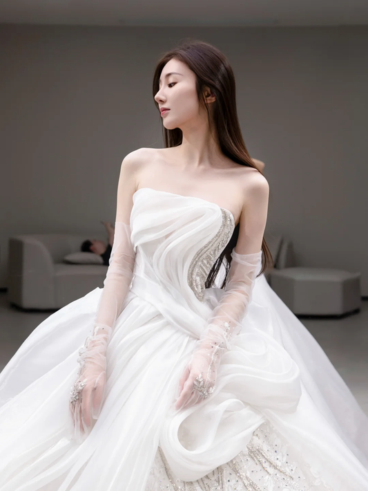 Elegant White Ball Gown Strapless Satin Chiffon Sequin Beaded With Gloves Long Wedding Dresses C4147