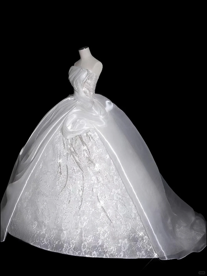 Classy Ball Gown Strapless Satin Lace Sequin Long Wedding Dresses C4175
