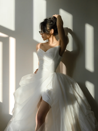 Chic Ball Gown Strapless Satin Tulle Slit Long Wedding Dresses C4176