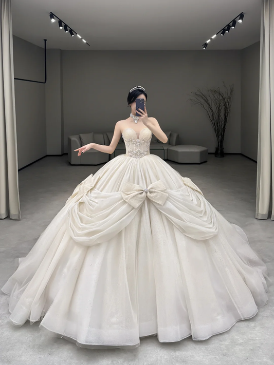 Pretty Ball Gown Strapless Tulle Bow Long Wedding Dresses C4181