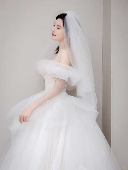Elegant Ball Gown Off The Shoulder Tulle With Veil  Long Wedding Dresses C4184