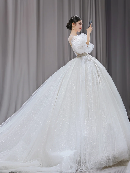 Pretty Ball Gown Tulle Lace Applique Short Sleeves Long Wedding Dresses C4198