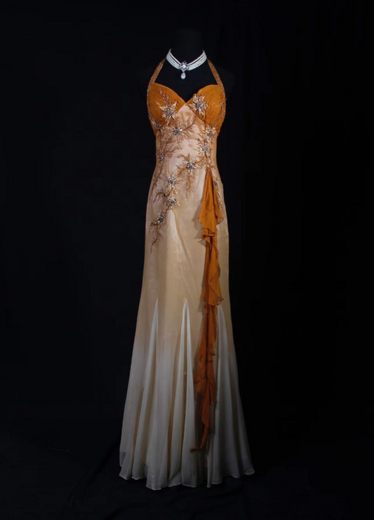 Retro Halter Ombre Orange Satin Beaded Mermaid Evening Dress Long Birthday Party Gown