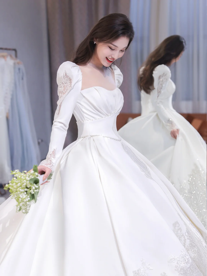 Elegant Ball Gown Square SatinLong Sleeves Long Wedding Dresses C4206