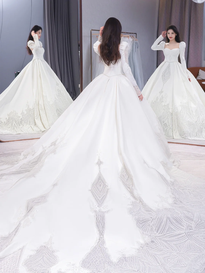 Elegant Ball Gown Square SatinLong Sleeves Long Wedding Dresses C4206