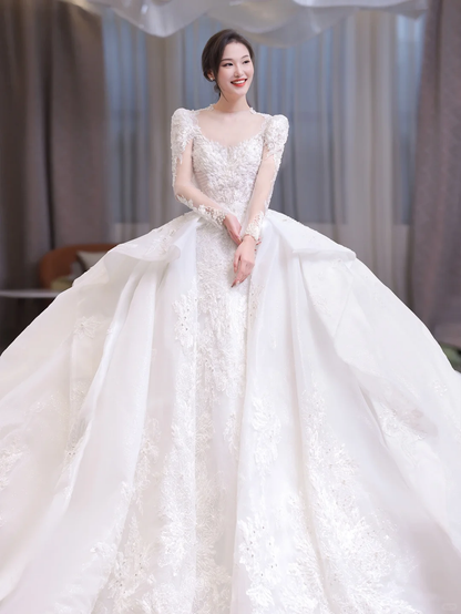 Timeless Ball Gown Satin Tulle Applique Beaded Long Sleeves Long Wedding Dresses C4207