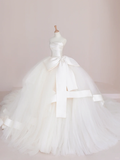 Elegant Ball Gown Strapless Satin Tulle Long Wedding Dresses C4215