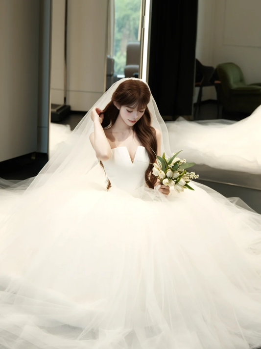 Princessful Ball Gown Strapless Satin Tulle With Veil Long Wedding Dresses C4231