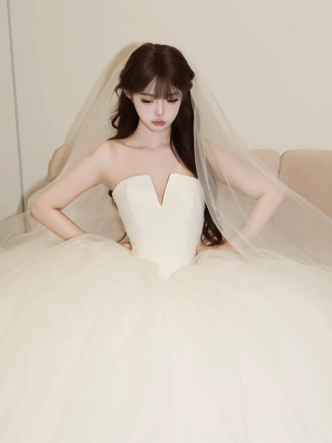 Princessful Ball Gown Strapless Satin Tulle With Veil Long Wedding Dresses C4231