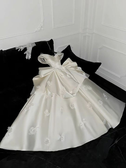 Princess Ball Gown Off The Shoulder Satin Applique Long Wedding Dresses C4348
