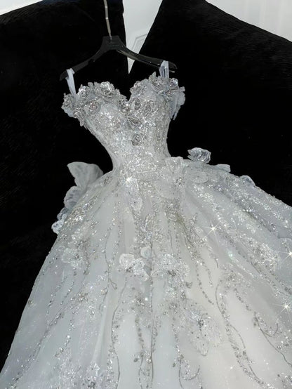 Timeless Ball Gown Spaghetti Straps Tulle Sequin Beads Long Wedding Dresses C4360