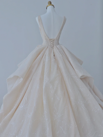 Elegant Ball Gown Satin Sequin Backless Long Wedding Dresses C4390