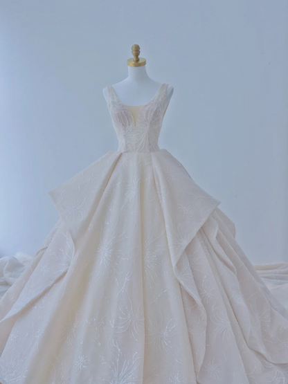 Elegant Ball Gown Satin Sequin Backless Long Wedding Dresses C4390