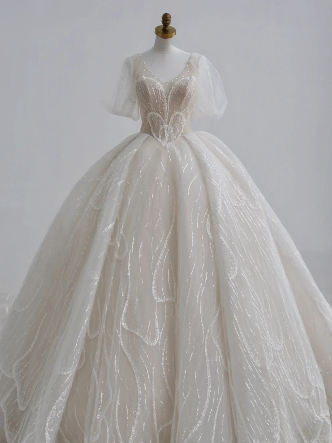 Classy Ball Gown V Neck Tulle Sequin Short Sleeves Long Wedding Dresses C4391