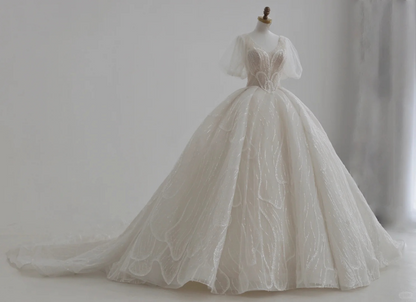 Classy Ball Gown V Neck Tulle Sequin Short Sleeves Long Wedding Dresses C4391