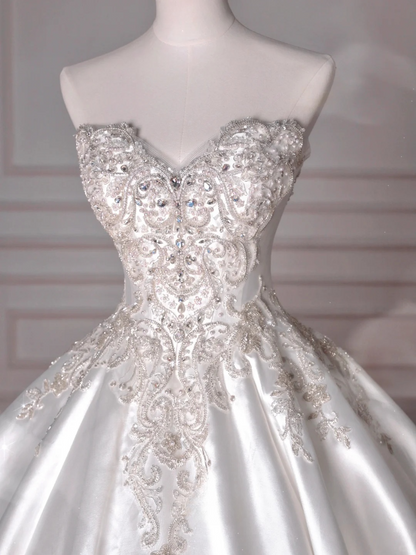 Dreamy Ball Gown Strapless Satin Sequin Beads Long Wedding Dresses C4393