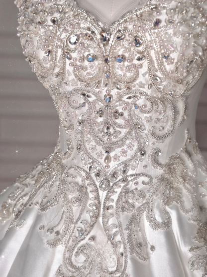 Dreamy Ball Gown Strapless Satin Sequin Beads Long Wedding Dresses C4393