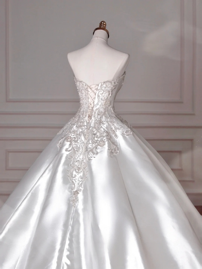 Dreamy Ball Gown Strapless Satin Sequin Beads Long Wedding Dresses C4393