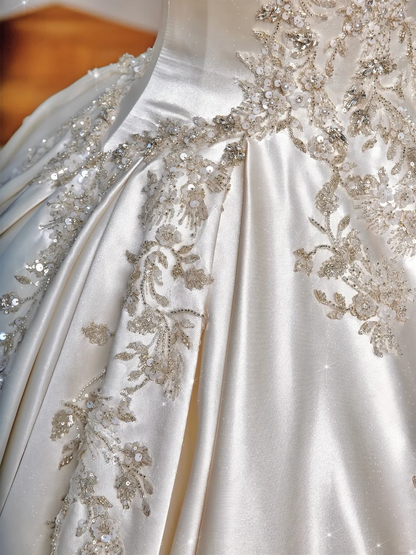 Gorgeous Ball Gown Strapless Satin Sequin Beads Long Wedding Dresses C4403