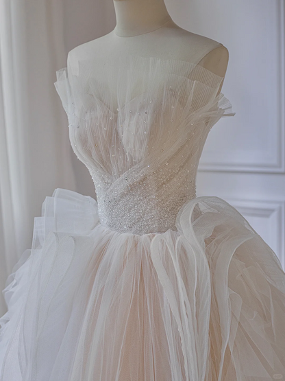 Princess Ball Gown Strapless Tulle Beads Long Wedding Dresses C4512