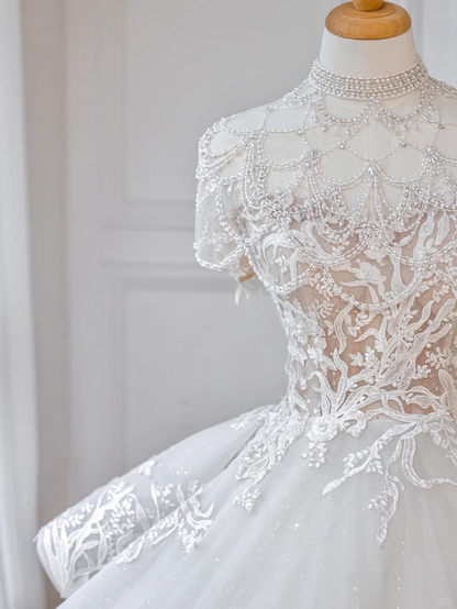 Dreamy Ball Gown Tulle Applique Beads Long Wedding Dresses C4539