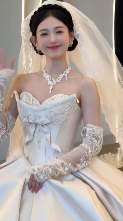 Timeless Ball Gown Strapless Satin Applique With Veil Sleeves Long Wedding Dresses C4554