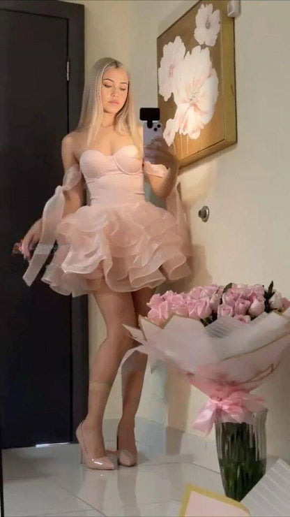 Sweet Ball Gown Off The Shoulder Satin Short Homecoming Dress 18th Birthday Outfits C4800