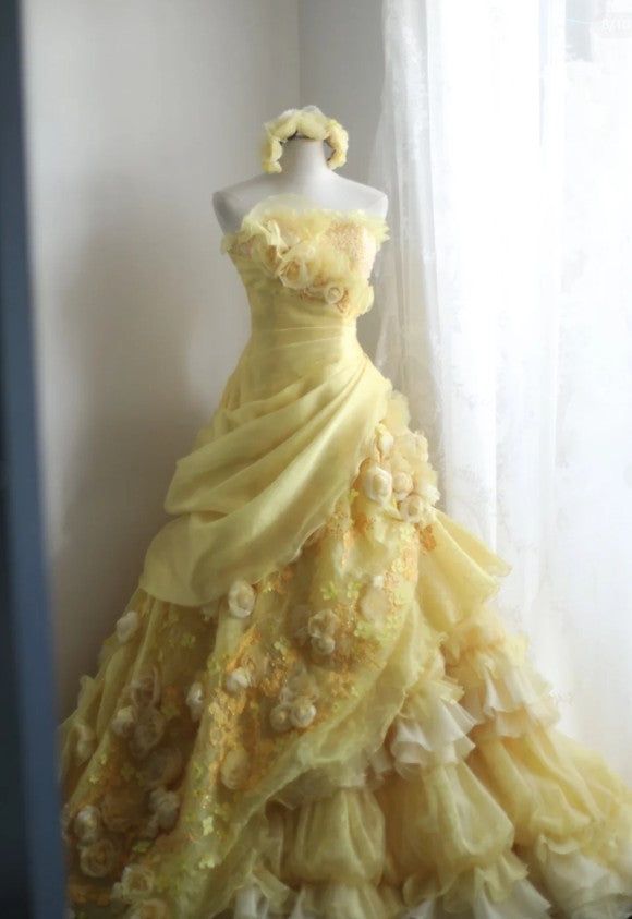 Yellow Ball Gown Strapless Satin Chiffon Flower Long Prom Dresses Formal Dress C4889