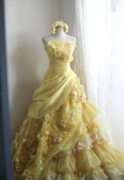 Yellow Ball Gown Strapless Satin Chiffon Flower Long Prom Dresses Formal Dress C4889