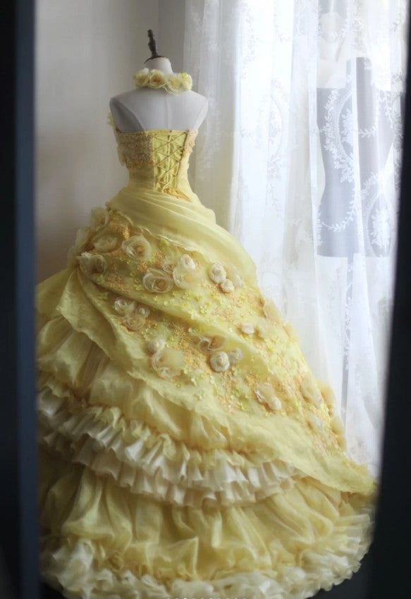Yellow Ball Gown Strapless Satin Chiffon Flower Long Prom Dresses Formal Dress C4889