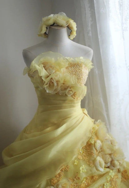 Yellow Ball Gown Strapless Satin Chiffon Flower Long Prom Dresses Formal Dress C4889