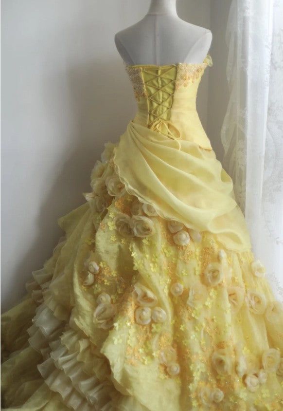 Yellow Ball Gown Strapless Satin Chiffon Flower Long Prom Dresses Formal Dress C4889