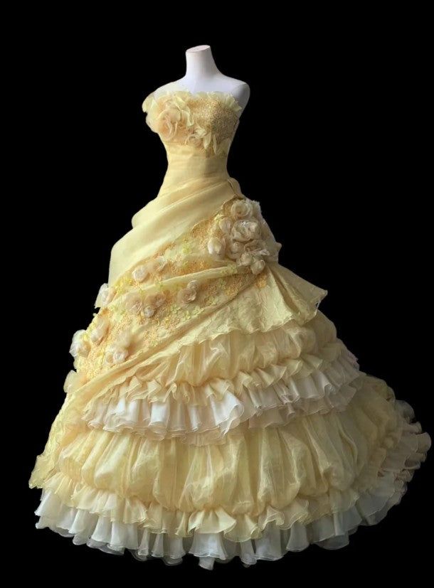 Yellow Ball Gown Strapless Satin Chiffon Flower Long Prom Dresses Formal Dress C4889