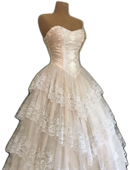 Classy Ball Gown Strapless Satin Lace Tiered Long Prom Dresses Formal Dress C4891