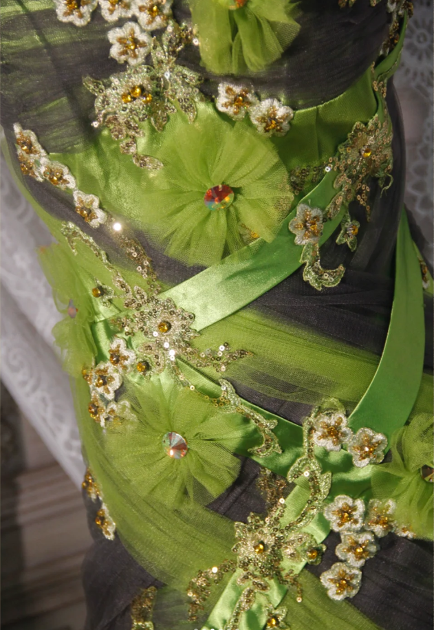Vintage Green Spaghetti Straps Satin Tulle Appliques Mermaid Prom Dress Long Evening Dress D2250