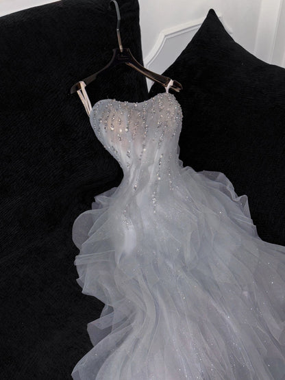 Princess Ball Gown Spaghetti Straps Tulle Sequin Long Prom Dress,Formal Dress C5866
