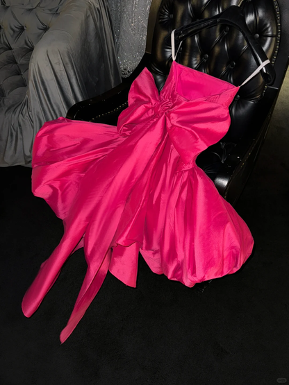 Hot Pink Ball Gown Spaghetti Straps Satin Back With Bow Short Homecoming Dress 18th Birthday Outfits C5912