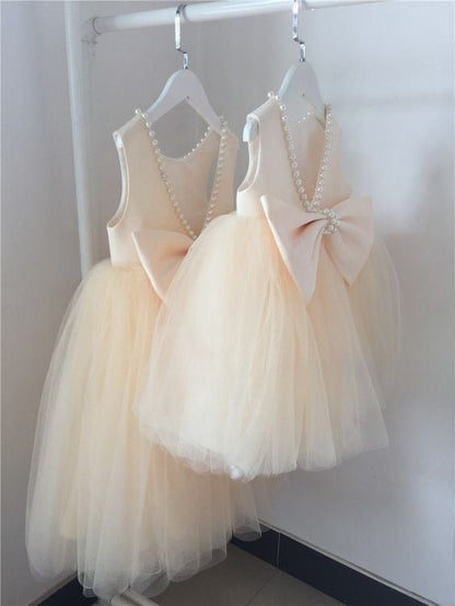 Princess Ball Gown Pearl Neck Satin Tulle Back With Bow Knot Flower Girl Dress C6056