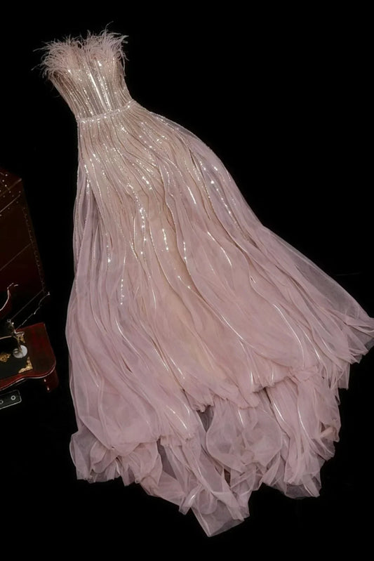 Sparkly A Line Strapless Tulle Sequin Long Prom Dress, Evening Dress fg8483
